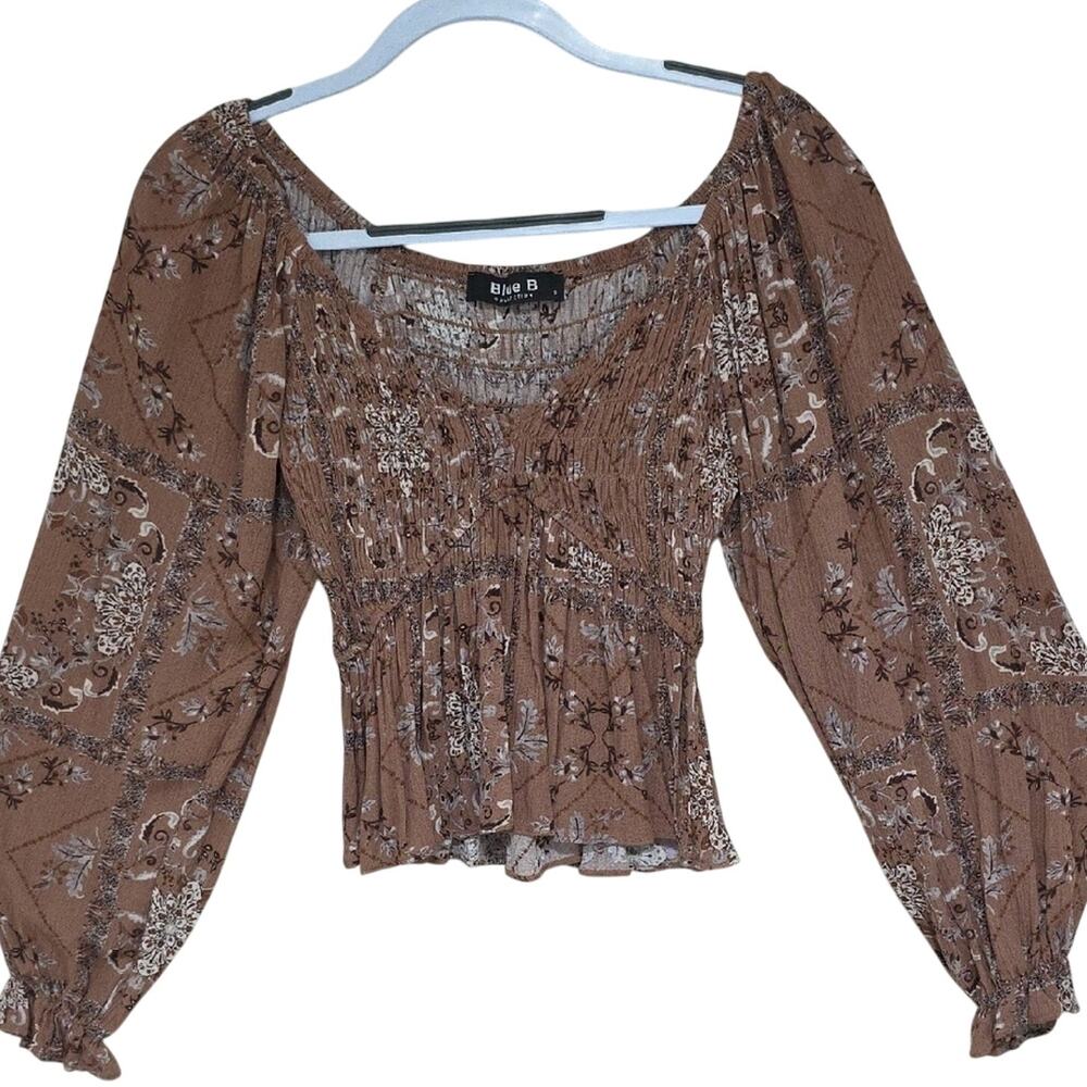 Womens Sz S Brown Cropped Babydoll Milkmaid Smocking BOHO Festival  Top